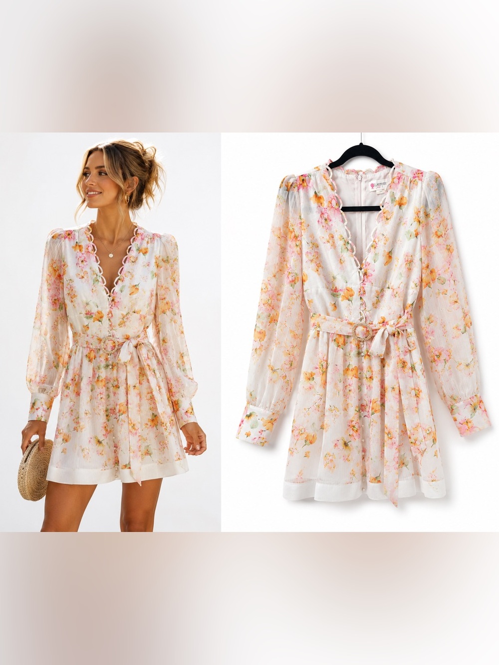 L'ATISTE White Floral Tie-Waist Long Sleeve Mini Dress